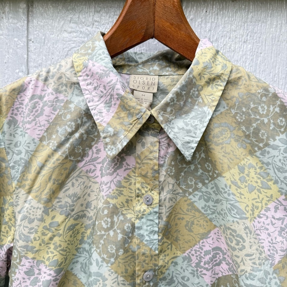 NWT Sigrid Olsen Colorful Green Floral Button Up Collared Long Sleeve Shirt M - Picture 2 of 5